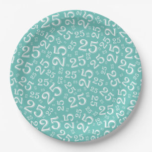 25th Birthday Teal/White Random Number Pattern Paper Plate