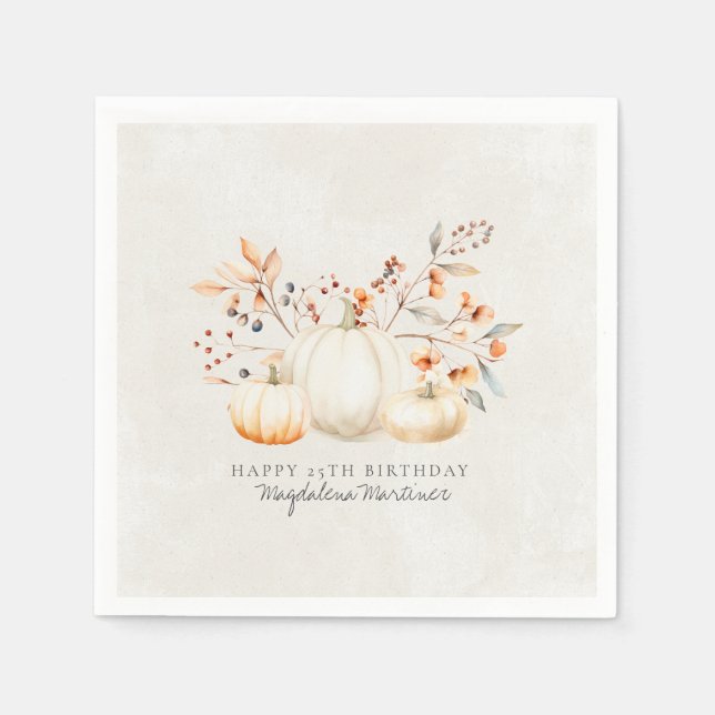 25th Birthday White Pumpkin Fall Leaves Custom Napkin (Front)