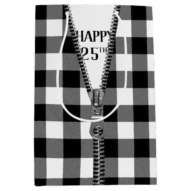 25th Birthday Zipper On Buffalo Plaid    Medium Gift Bag (Front)