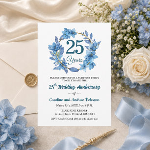 25th Blue Floral Surprise Wedding Anniversary Invitation
