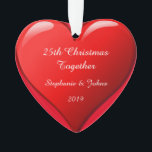 25th Christmas Together Cute Heart 2019 Red Ornament<br><div class="desc">Designed for Christmas 2019,  this is designed with cute romantic red heart design in solid red background and personalized text templates for entering your names. Perfect romantic gift for couple celebrating their 25th Christmas together.</div>