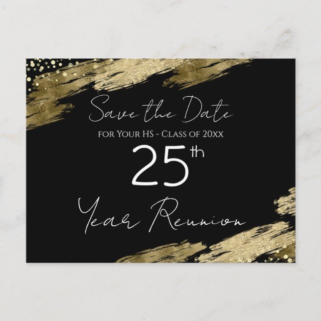 25th Class Reunion Black and Gold Elegant Postcard (Front)