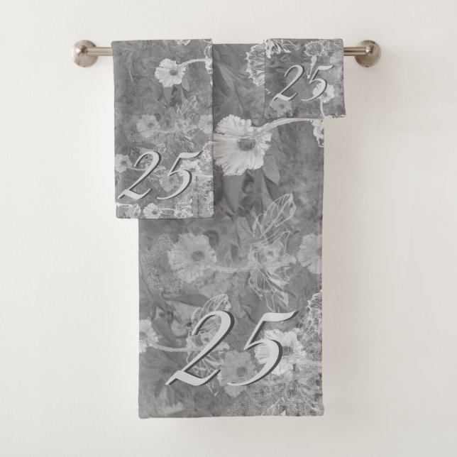 25th/Custom Anniversary Grey Floral Bath Towel Set (Insitu)