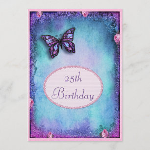 25th Faux Glitter, Butterfly, Roses & Lace Invitation