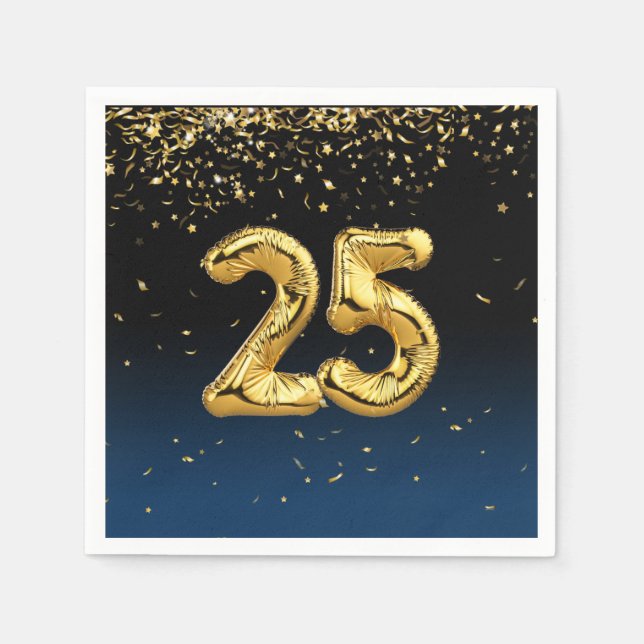 25th Gold Balloons and Confetti Napkins (Front)