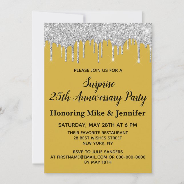 25th Gold Black Silver Surprise Anniversary Party Invitation (Front)
