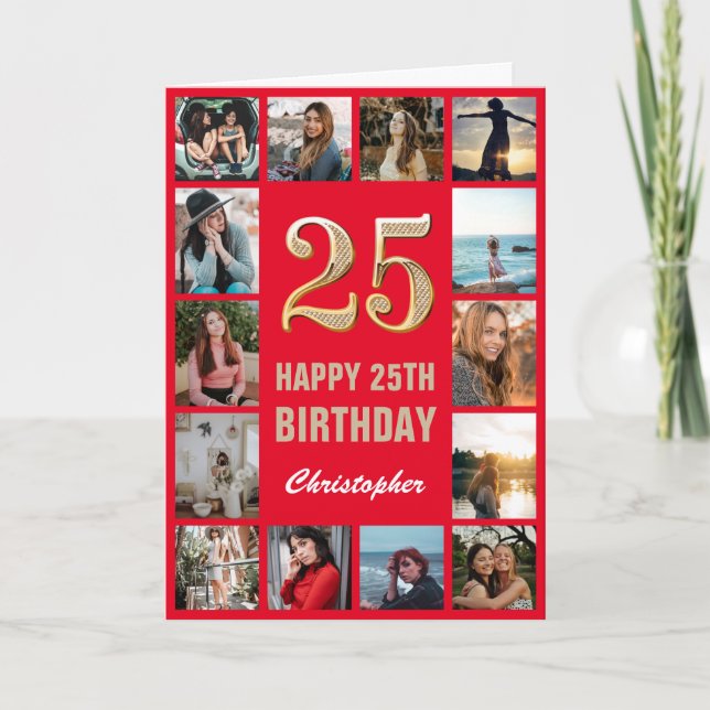 25th Happy Birthday Red and Gold Photo Collage Card (Front)