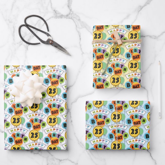 25th Happy Birthday Typography Balloons  Wrapping Paper Sheet (Front)