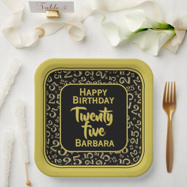 25th Party Random Number Pattern Black/Gold Paper Plate (Wedding)
