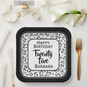 25th Party Random Number Pattern Black/White Paper Plate