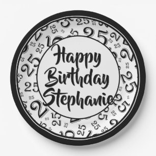 25th Party Random Number Pattern Black/White Paper Plate