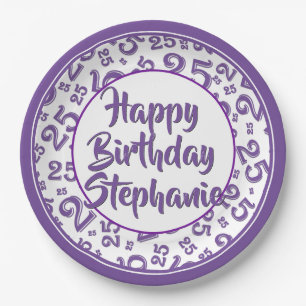 25th Party Random Number Pattern Purple/White Paper Plate
