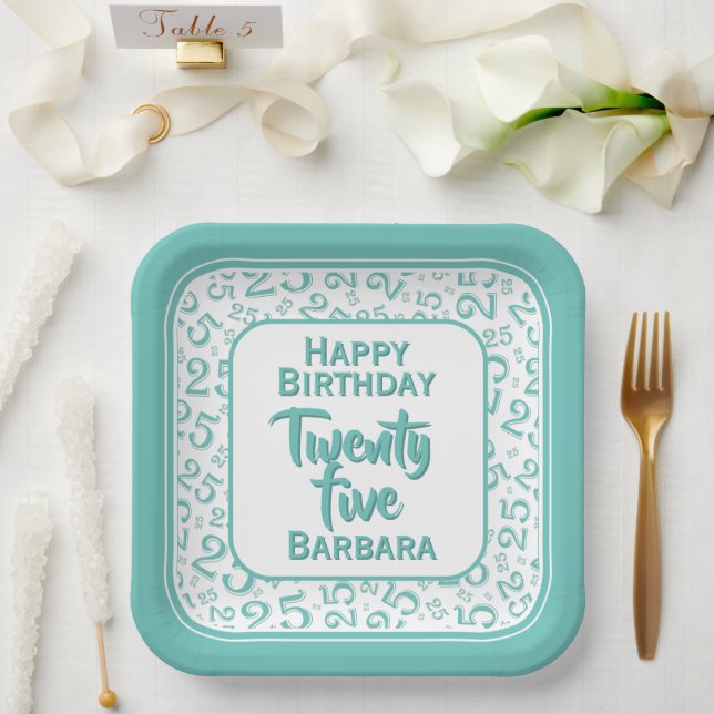 25th Party Random Number Pattern Teal/White Paper Plate (Wedding)