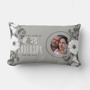 25th PHOTO Wedding Anniversary Floral Silver Lumbar Pillow