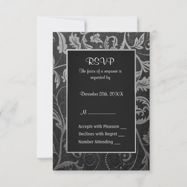 25th Silver and Black Damask Anniversary  - RSVP Card (Front)