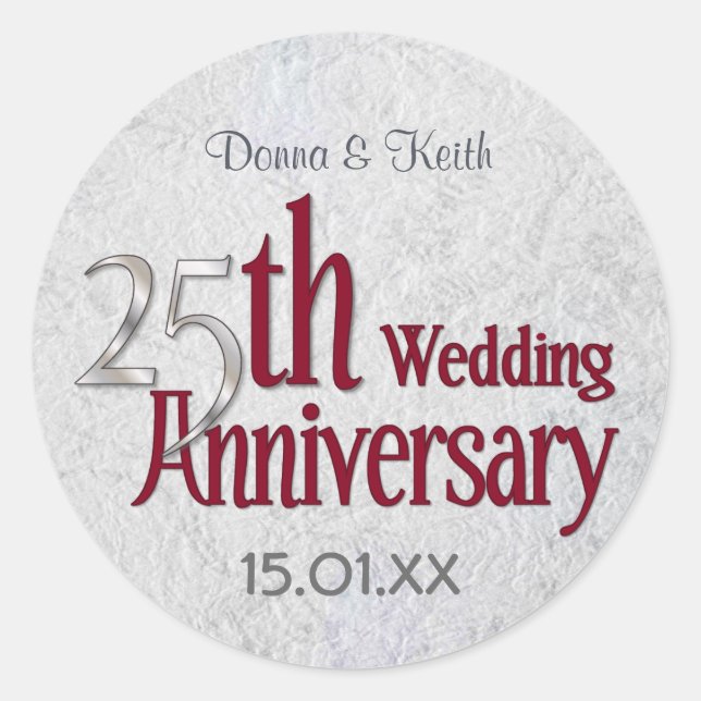 25th Silver and Burgundy Anniversary Classic Round Sticker (Front)