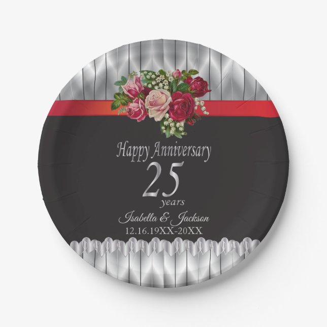 25th Silver and Rose Wedding Anniversary Paper Plate (Front)