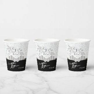 25th Silver and White Wedding Anniversary Paper Cups