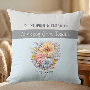 25th silver anniversary flowers blue throw pillow