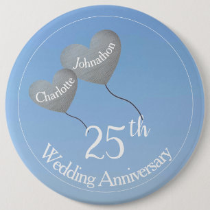 25th Silver anniversary heart balloons in sky 6 Inch Round Button