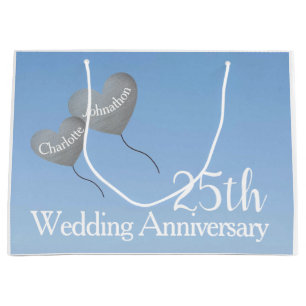 25th Silver anniversary heart balloons in sky Large Gift Bag