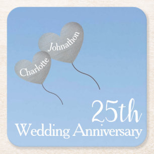 25th Silver anniversary heart balloons in sky Square Paper Coaster