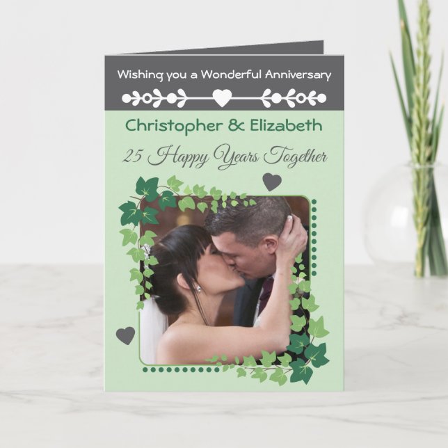 25th Silver Anniversary photo green grey Card (Front)