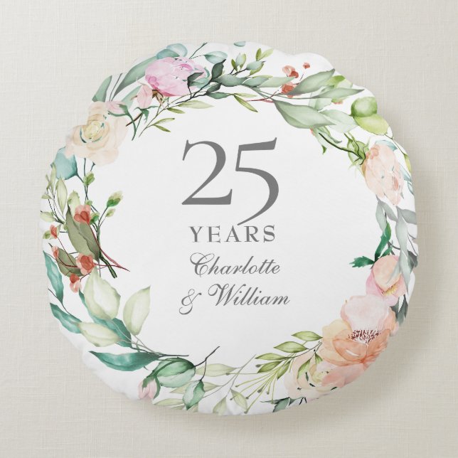 25th Silver Anniversary Roses Watercolor Floral Round Pillow (Front)