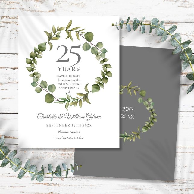 25th Silver Anniversary Save the Date Greenery  Announcement Postcard (25th Silver Anniversary Save the Date Greenery Announcement Postcard)