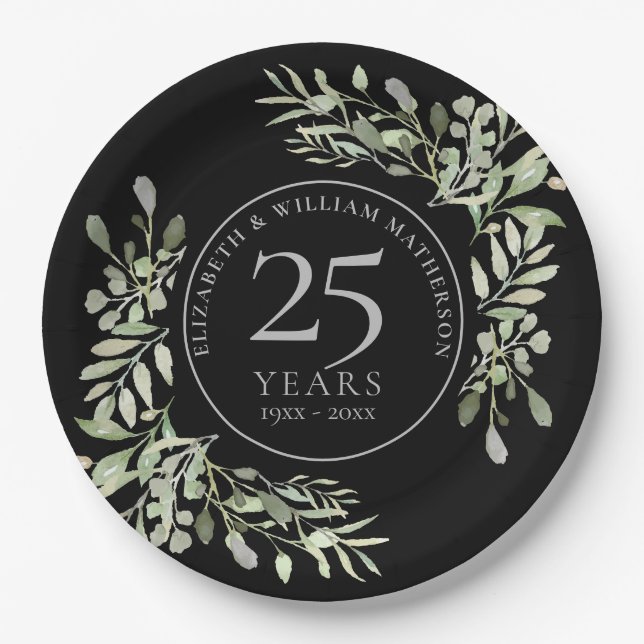 25th Silver Anniversary Watercolor Greenery Floral Paper Plate (Front)