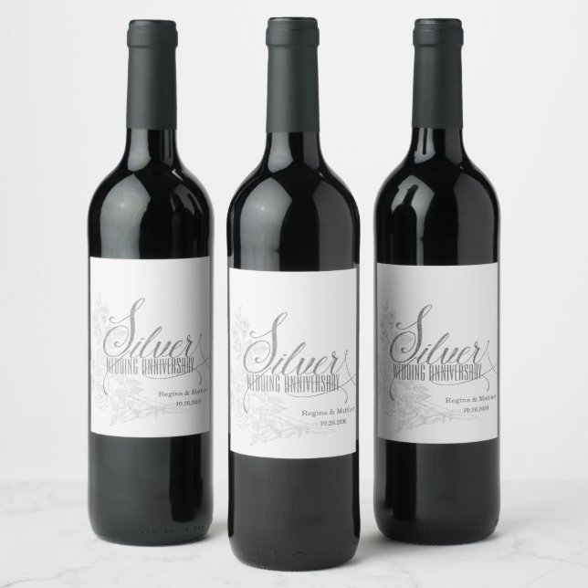 25th Silver Anniversary with Date and Initials Wine Label (Bottles)