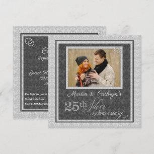 25th Silver Anniversary with Photo in Damask Invitation