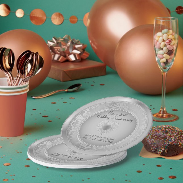 25th Silver Damask Wedding Anniversary Paper Plate (Multi)