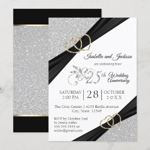 25th Silver Glitter and Gold Heart Anniversary Invitation