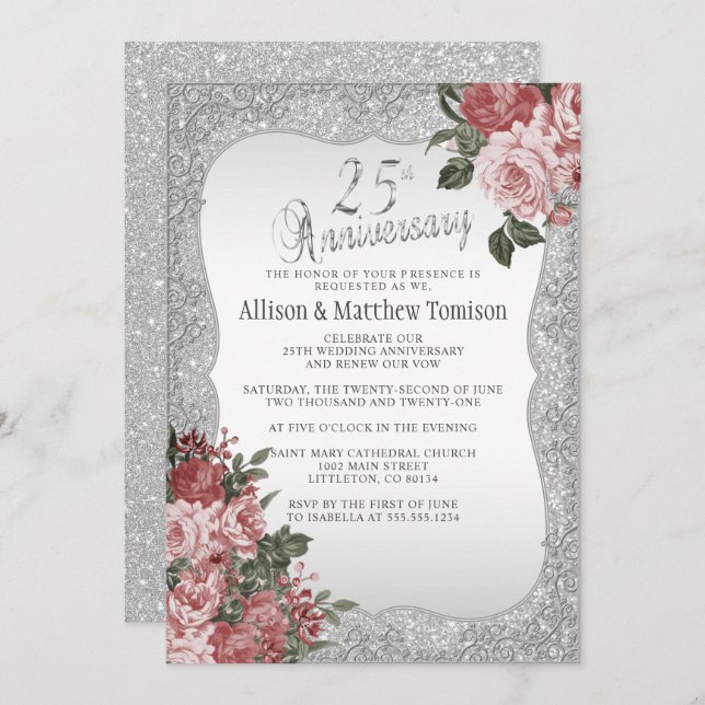 25th Silver Glitter Anniversary | Blush Floral Invitation (Front/Back)