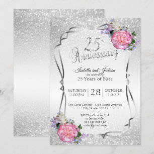 25th Silver Glitter & Floral Anniversary Invitation