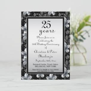 25th Silver Glitter Floral Wedding Anniversary Invitation