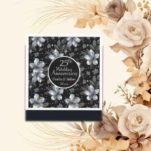 25th Silver Glitter Floral Wedding Anniversary Napkin