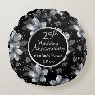 25th Silver Glitter Floral Wedding Anniversary Round Pillow