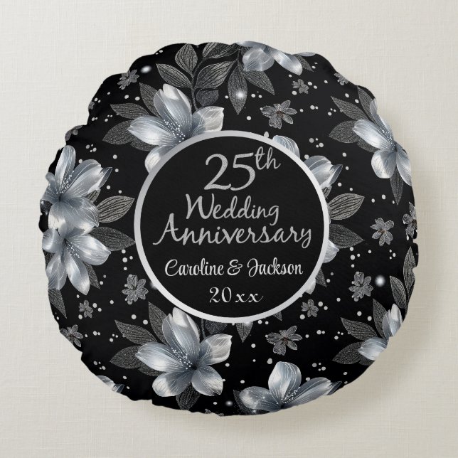 25th Silver Glitter Floral Wedding Anniversary  Round Pillow (Front)