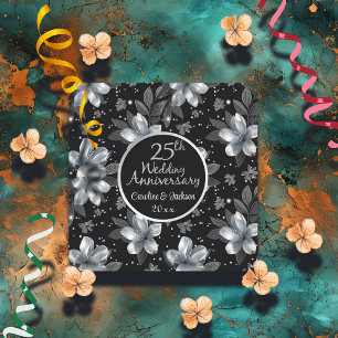 25th Silver Glitter Floral Wedding Anniversary Square Paper Coaster