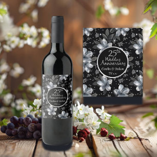 25th Silver Glitter Floral Wedding Anniversary  Wine Label