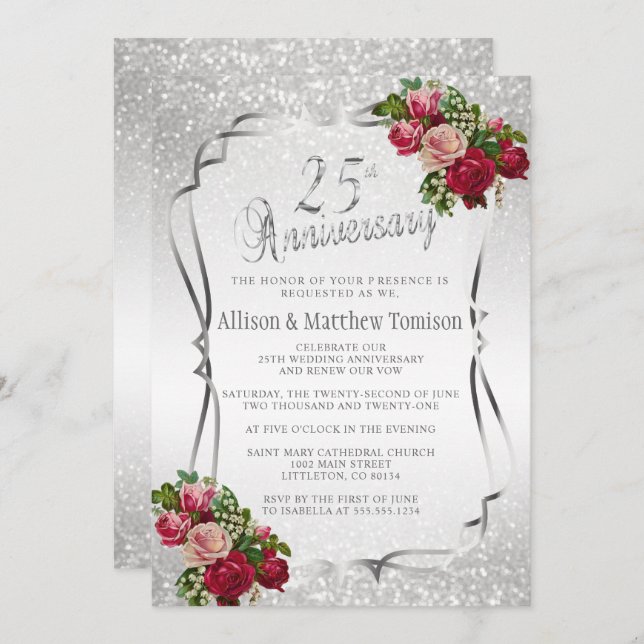 25th Silver Glitter Wedding Anniversary | DIY Text Invitation (Front/Back)