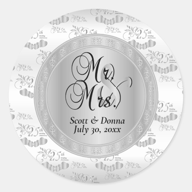 25th Silver Wedding Anniversary Classic Round Sticker (Front)