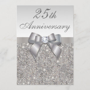 25th Silver Wedding Anniversary Faux Sequins & Bow Invitation