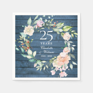25th Silver Wedding Anniversary Floral Blue Rustic Napkin