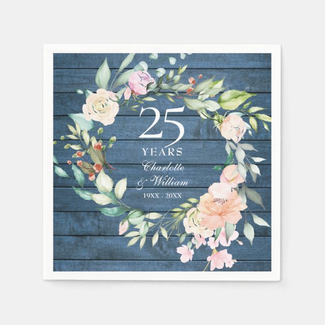 25th Silver Wedding Anniversary Floral Blue Rustic Napkin (Front)