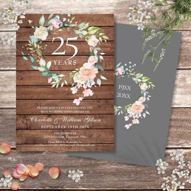 25th Silver Wedding Anniversary Floral Rustic Wood Invitation (25th Silver Wedding Anniversary Floral Rustic Wood Invitation)