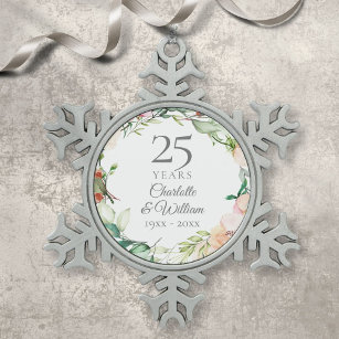 25th Silver Wedding Anniversary Floral Watercolor Snowflake Pewter Christmas Ornament