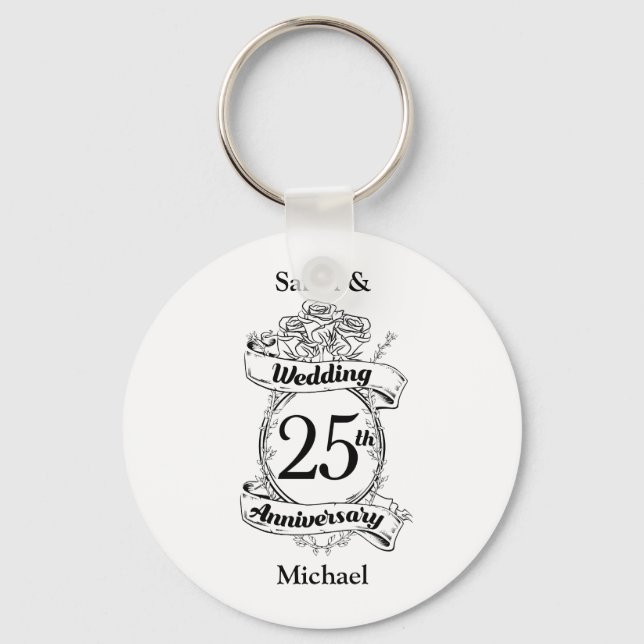 25th Silver Wedding Anniversary Flowers Rose Keychain (Front)